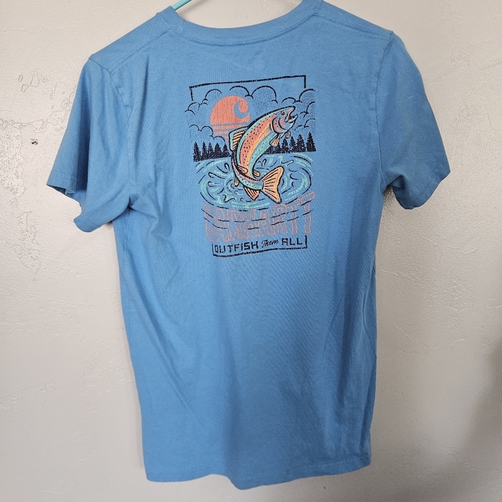 Carhartt Youth Boys Large 14/16 Blue Graphic Tee Fish Short Sleeve T-shirt Shirt